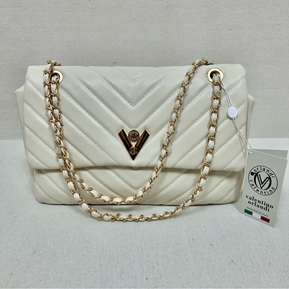 Valentino Orlandi Cream Shoulder Bag with Gold Hardware and Quilted Design